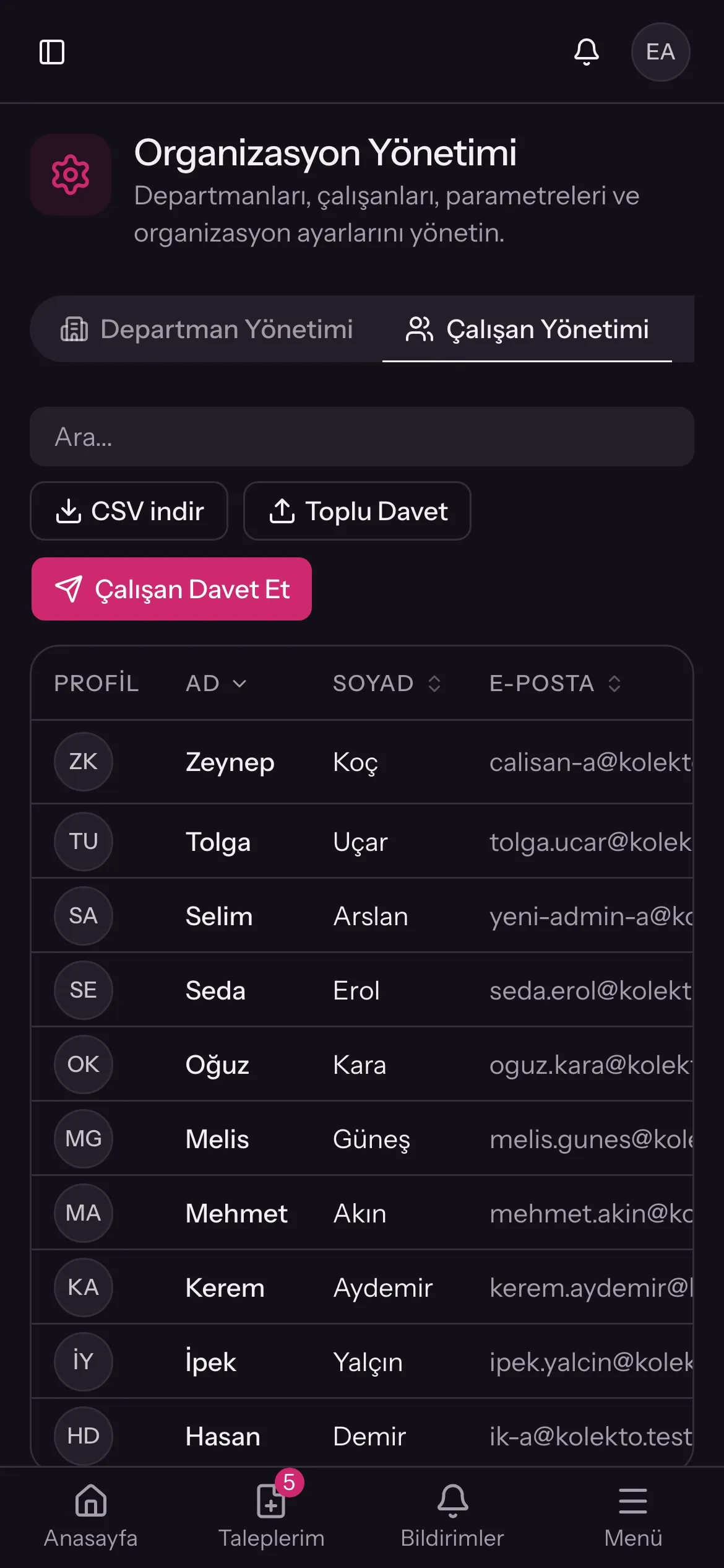Organizasyon şeması ekranı