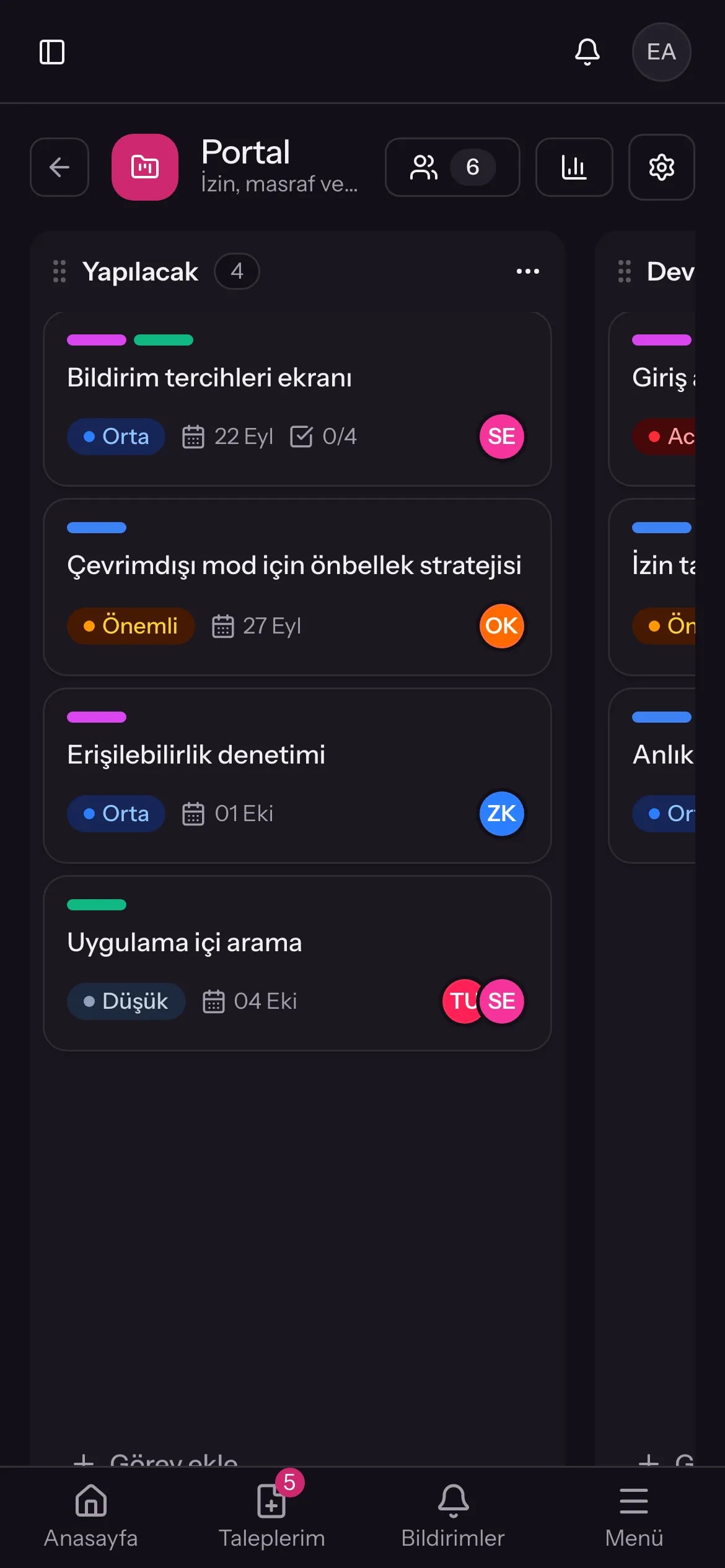 Proje panosu ekranı